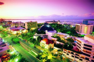 Casino and Hotels at dusk in Cairns, Queensland Australia